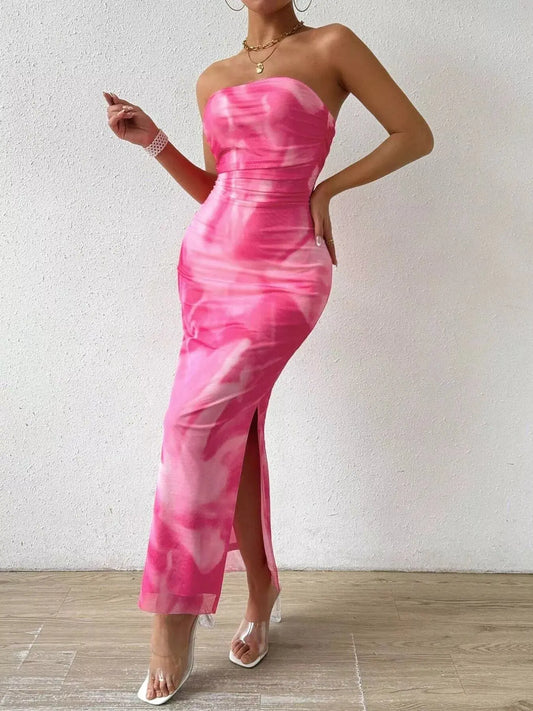 Tie-Dye Ruched Bodycon Tube Slit Dress Simply Love