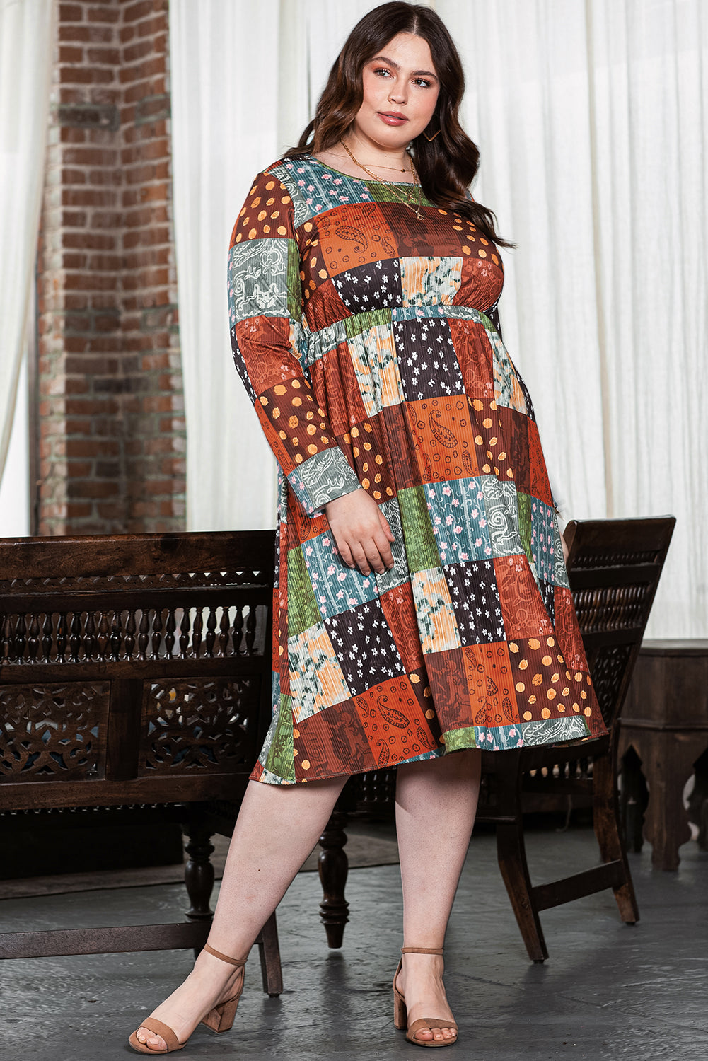 Chic multicolor checkered plus size swing dress in green