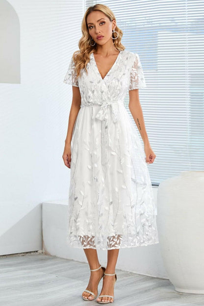 Sequin Leaf Embroidery Tie Front Short Sleeve Dress.