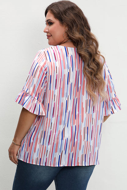 Chic ruffled short sleeve blouse with white stripes in plus sizes