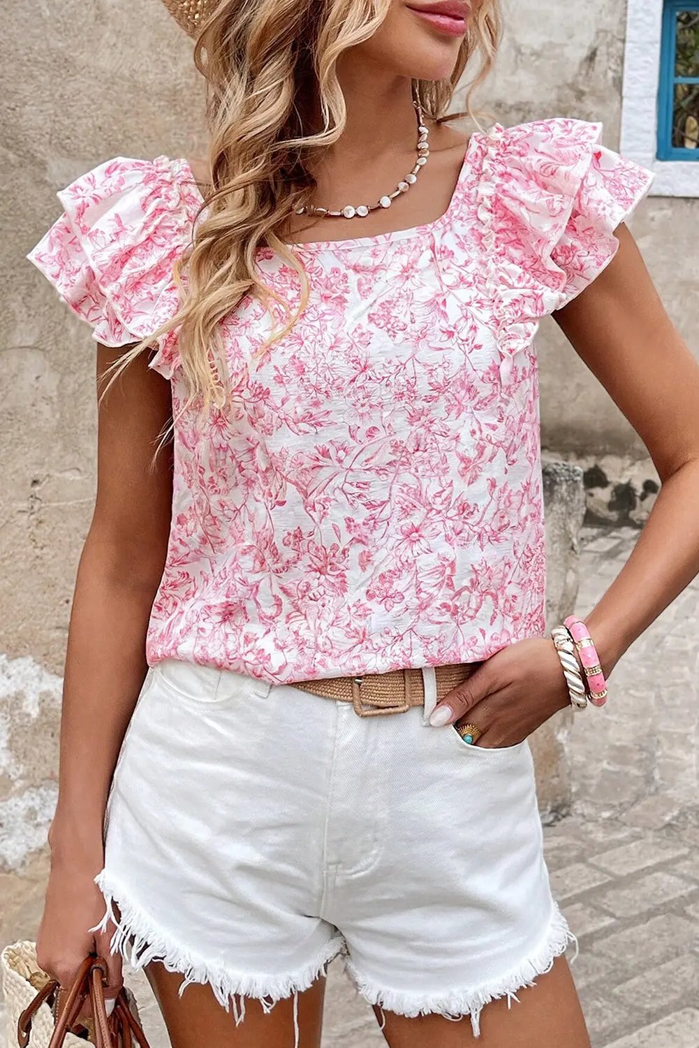 Pink Floral Ruffled Short Sleeve Bow Back Square Neck Blouse Love Salve