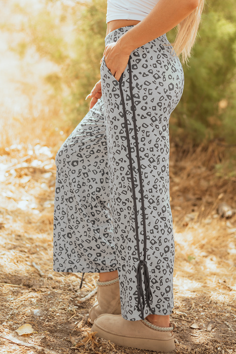 Gray Leopard High Waist Side Bow Straight Leg Love Salve