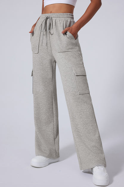 Light grey high waist lace-up wide leg pants with pockets