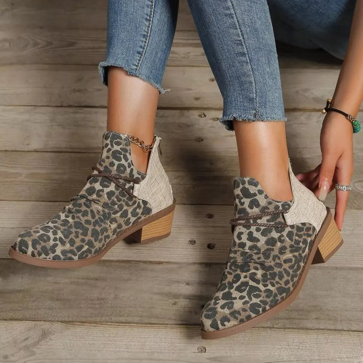 Two Tone Denim Block Heel Ankle Boots Beige Accent Simply Love