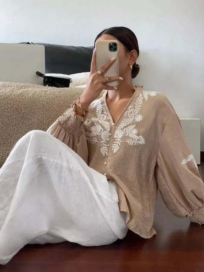 Embroidered Notched Long Sleeve Blouse Simply Love