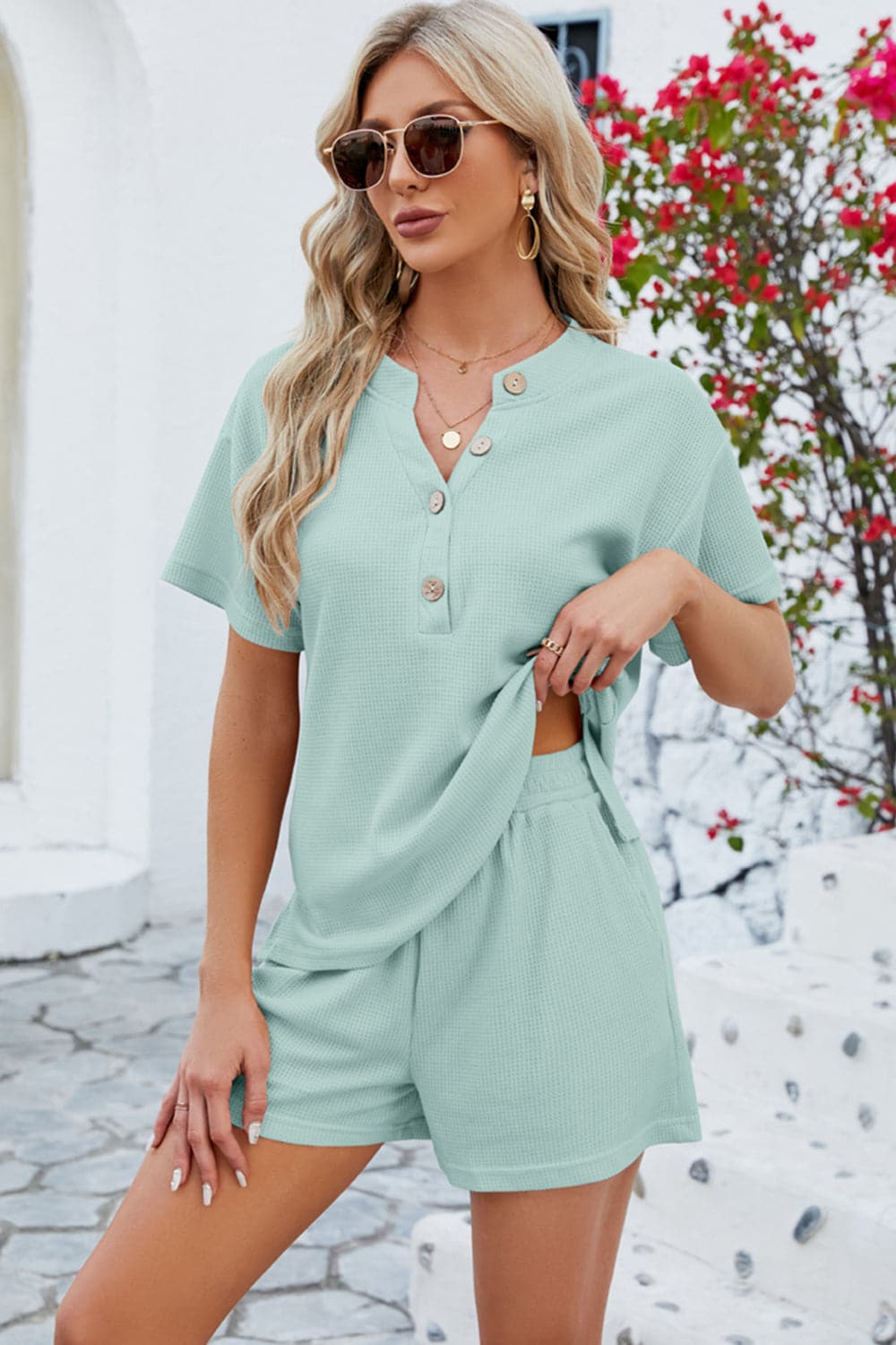 Notched Button Detail Dropped Shoulder Top and Shorts Set.