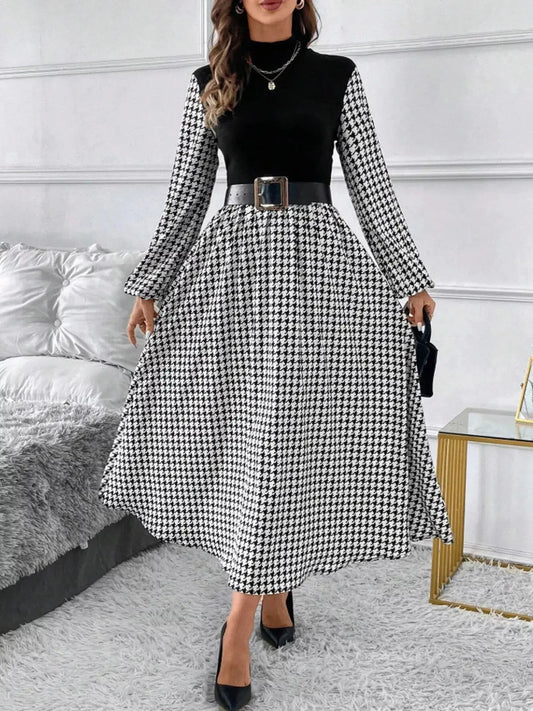 Houndstooth Mock Neck A-Line Dress Simply Love