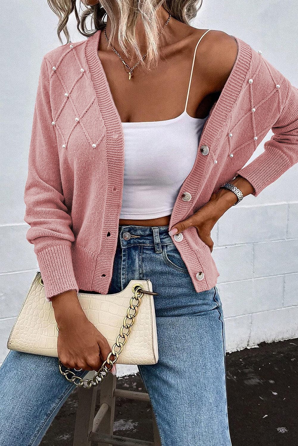 Pearl Trim Button Up Cardigan.