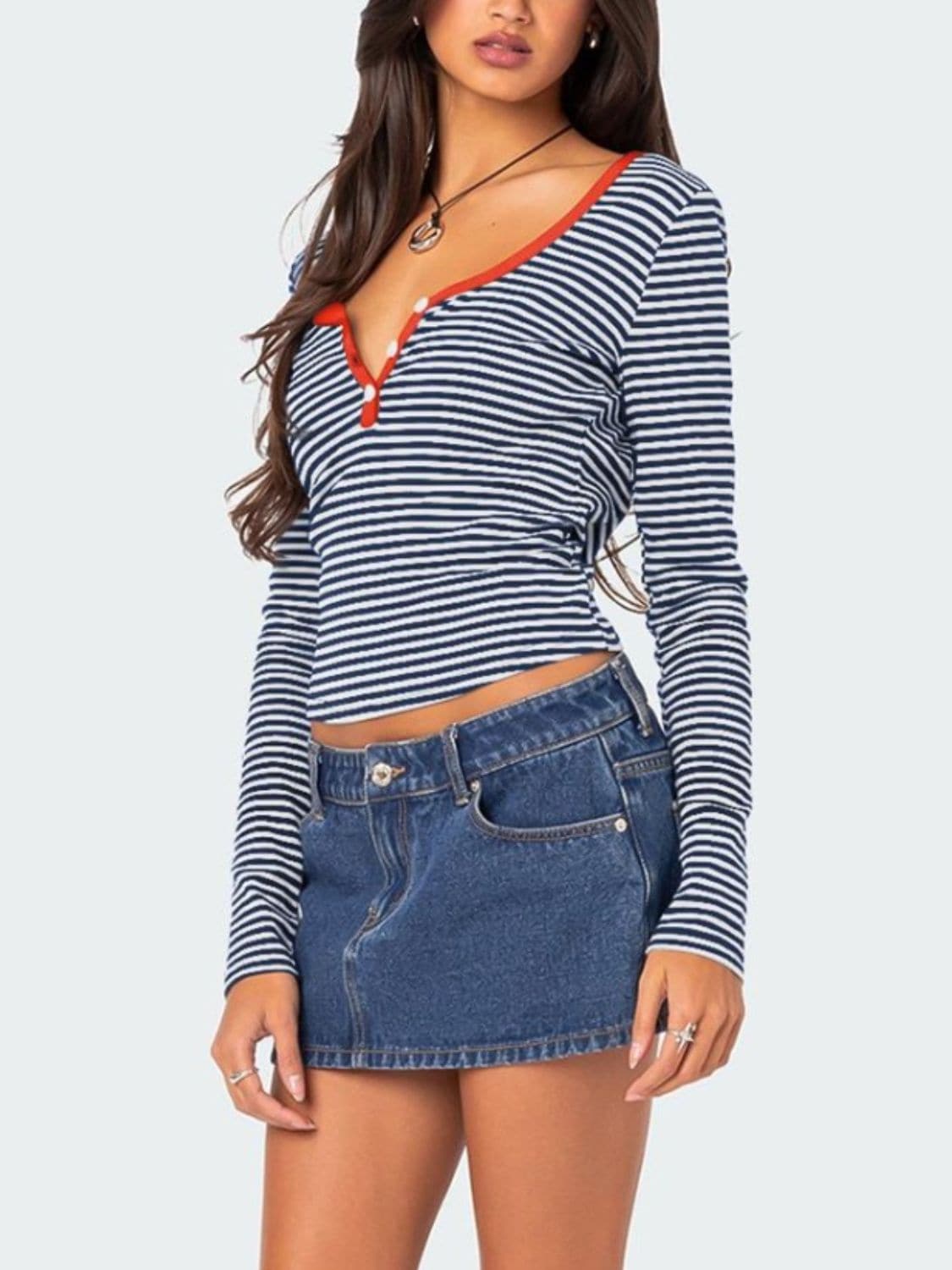 Striped button-up long sleeve tee