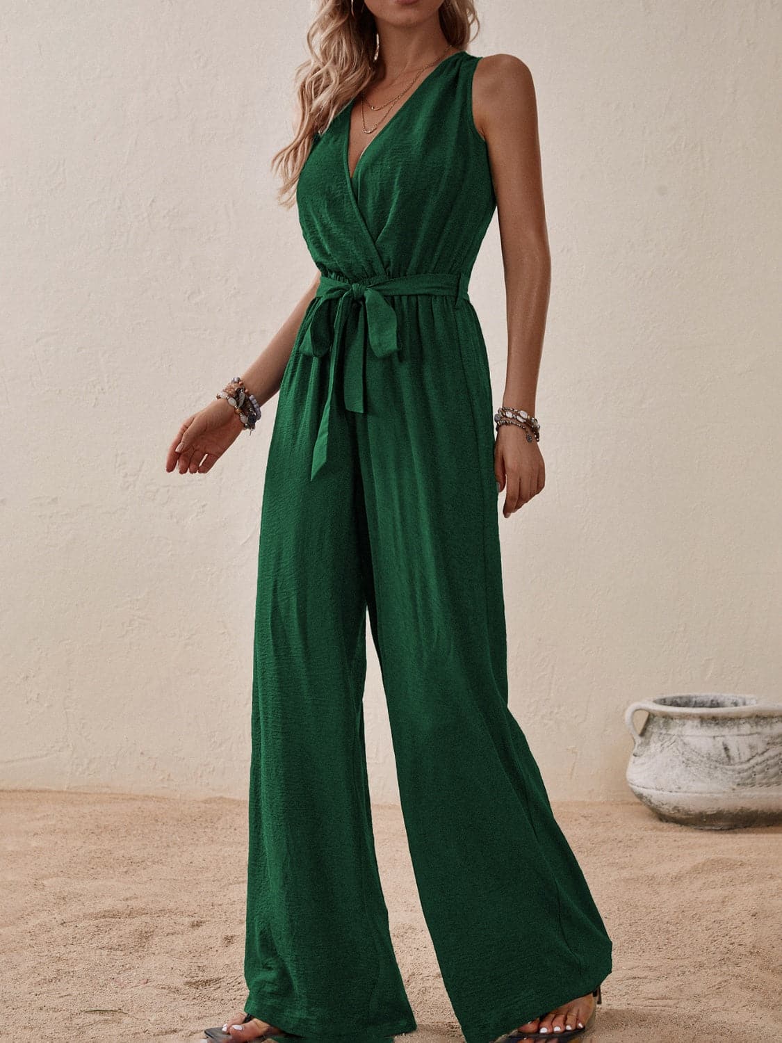 Tied Surplice Sleeveless Wide Leg Jumpsuit.