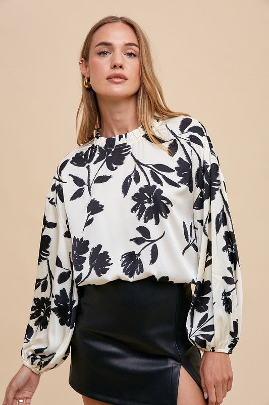 Midnight Bloom Frill Balloon Sleeve Blouse Coco’s Tee Boutique