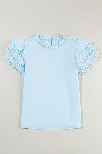 Ruffled Eyelet Round Neck Cap Sleeve Blouse.