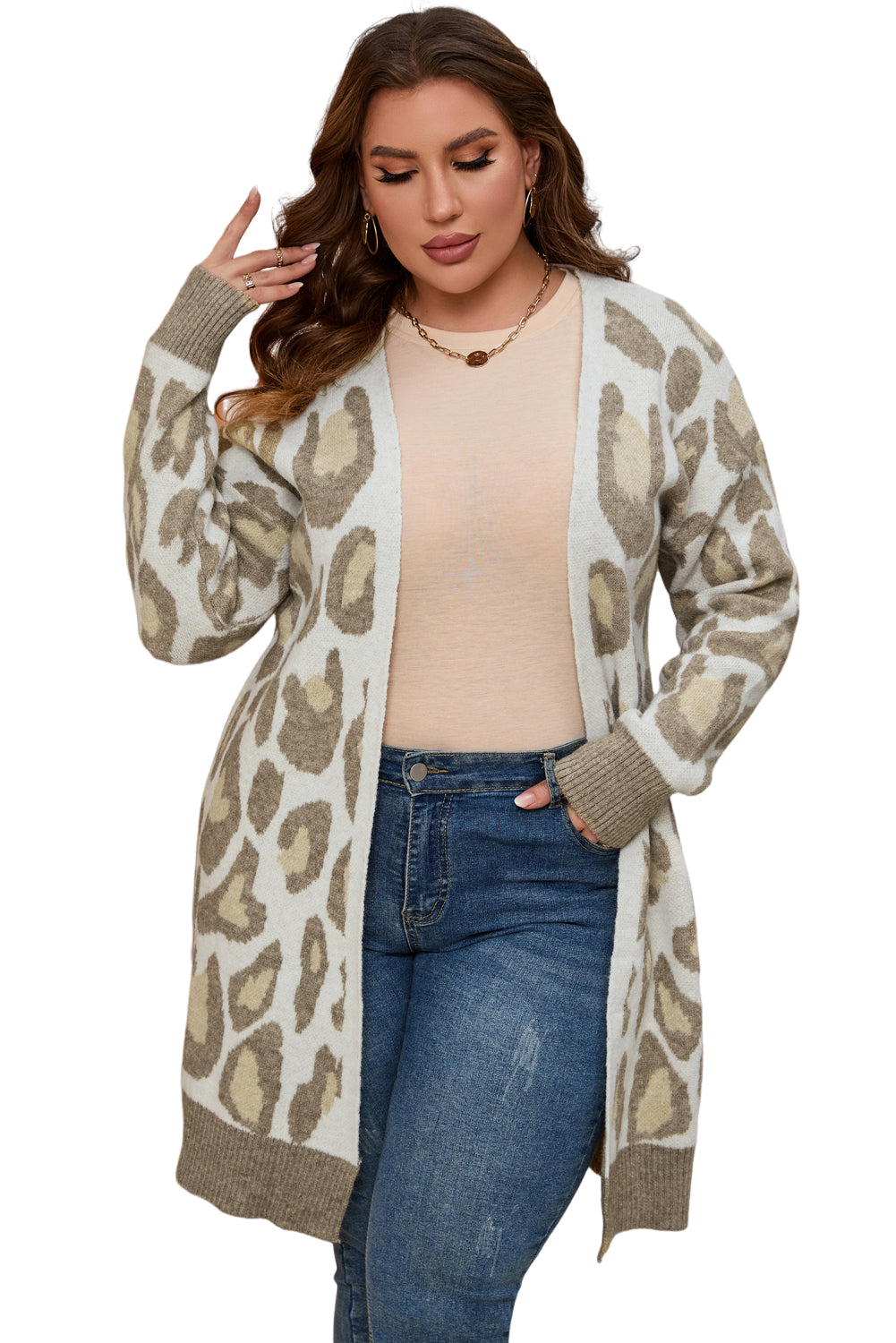 Chic beige plus size leopard print cardigan for effortless style