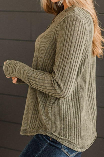 Ribbed Buttoned Long Sleeve Blouse.