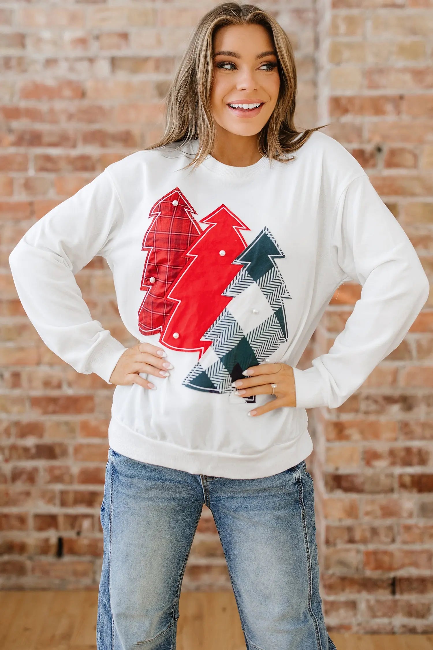 White Pearl Plaid Christmas Tree Patched Drop Shoulder Sweatshirt Dear-Lover Dropshipping
