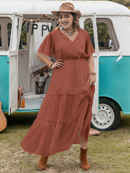 Plus Size Tie Neck Flutter Sleeve Midi Dress.