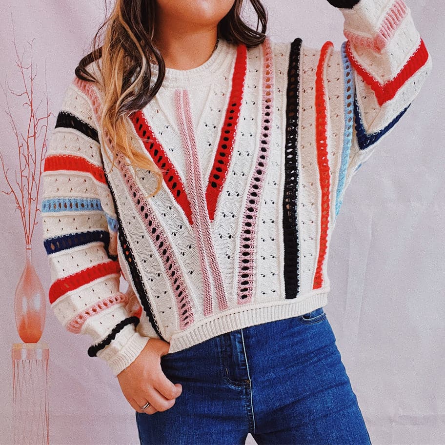 Striped Openwork Round Neck Sweater.