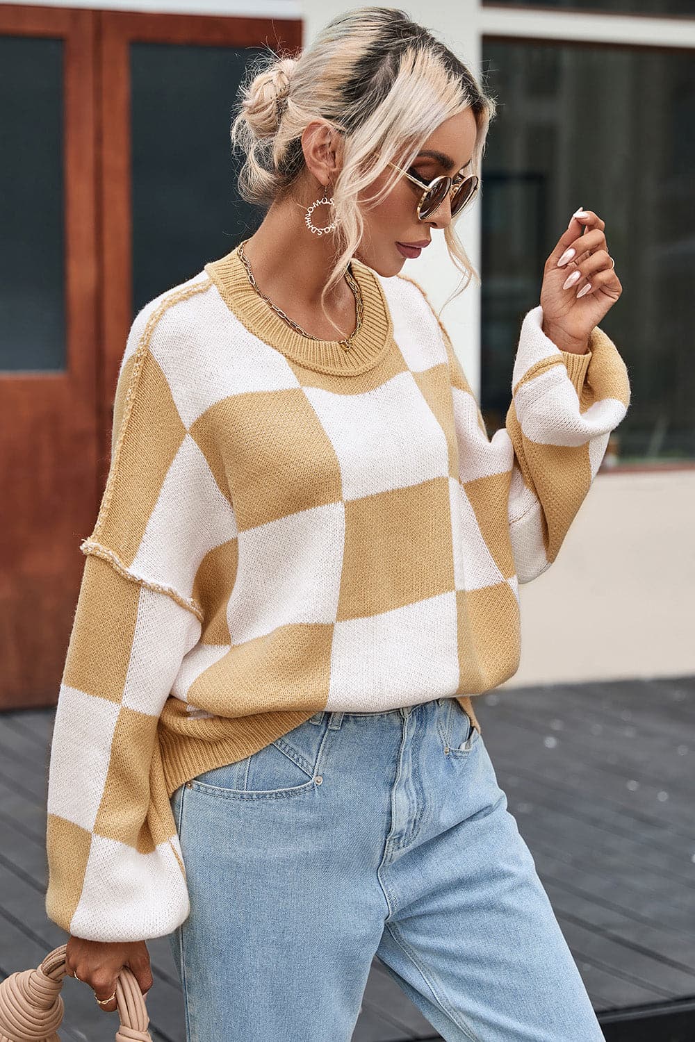 Checkered Exposed Seam Drooped Shoulder Sweater.