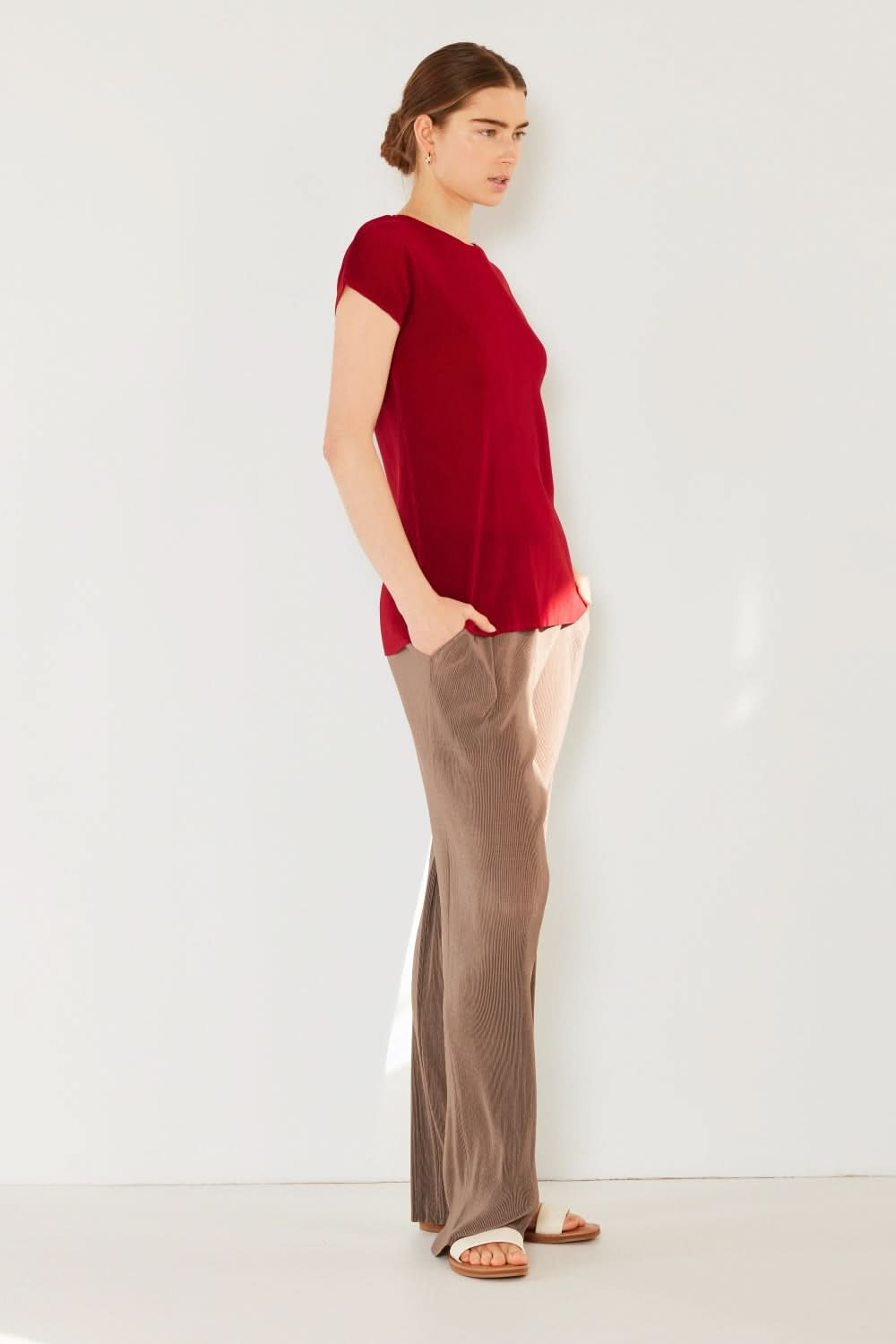 Ribbed Pleated Wide-Leg Trousers with Elastic Waist