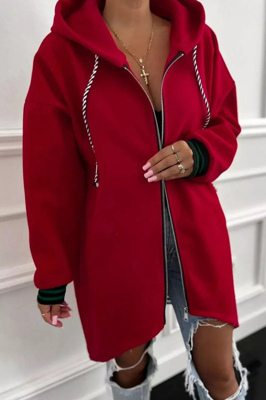 Contrast Cuffed Drop Shoulder Zip Up Hoodie Simply Love