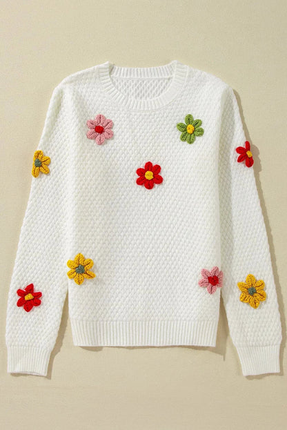 Floral crochet round neck knit sweater