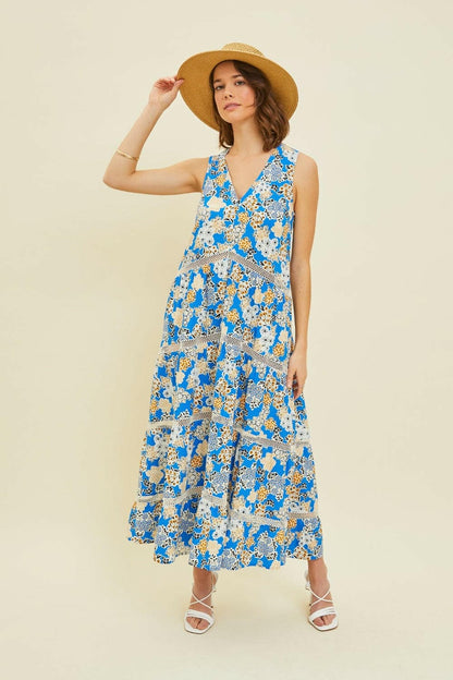 HEYSON Full Size Printed Crochet Trim Maxi Dress.