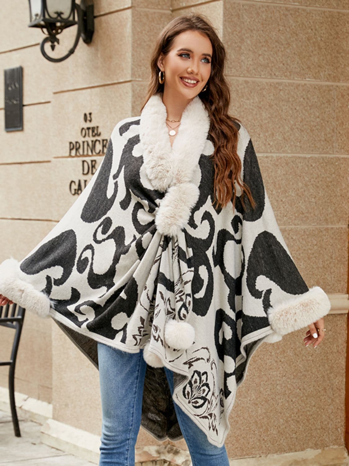 Faux Fur Trim Poncho.