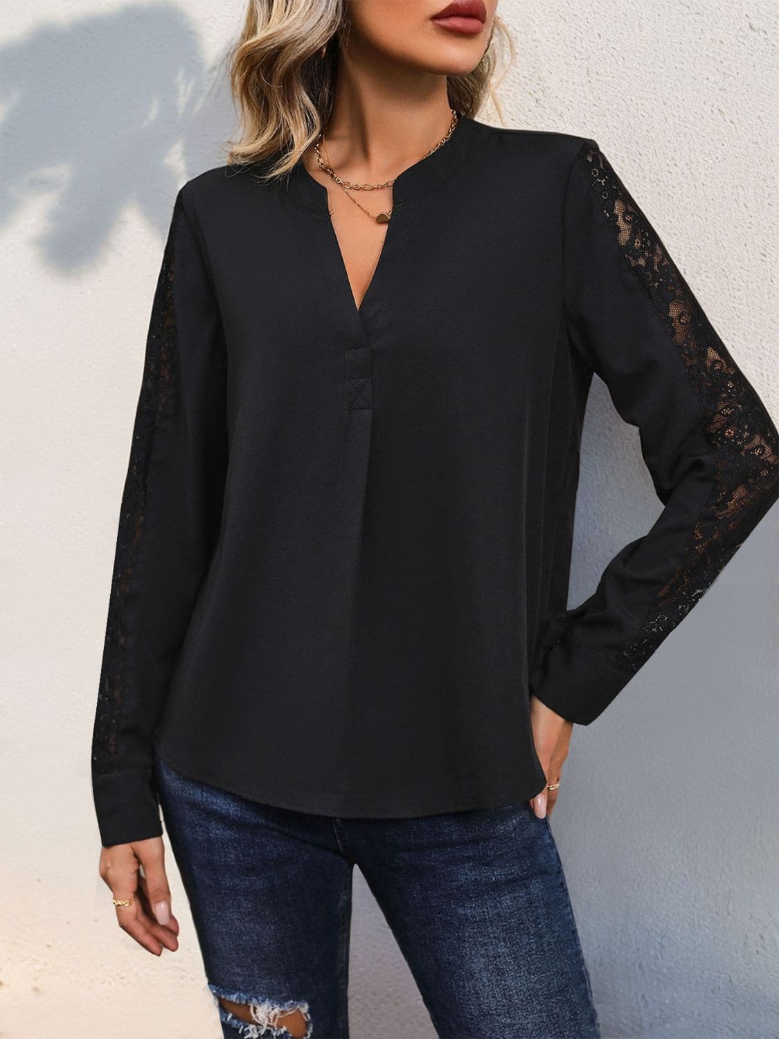 Notched Lace Long Sleeve Blouse.