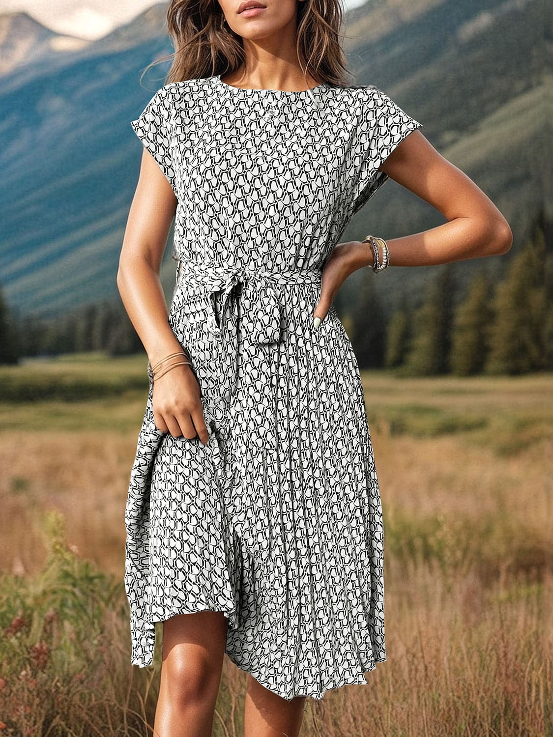 Printed Cap Sleeve Tie Waist Dress.