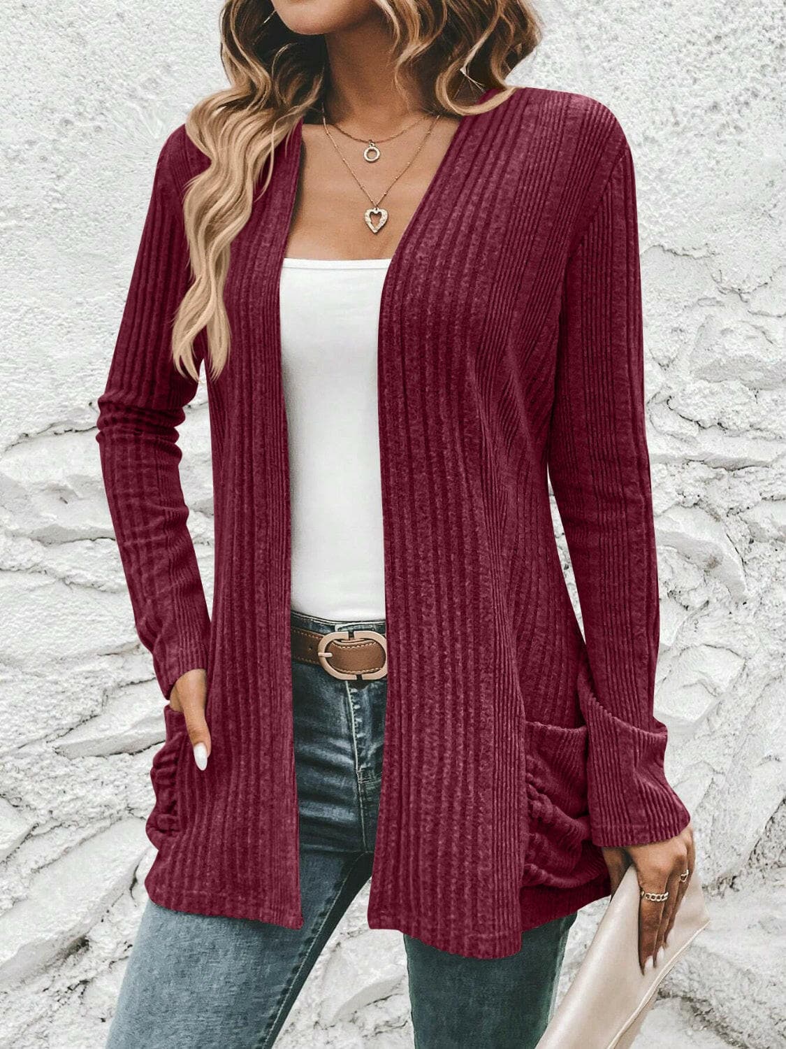 Ribbed Open Front Cardigan with Pockets.