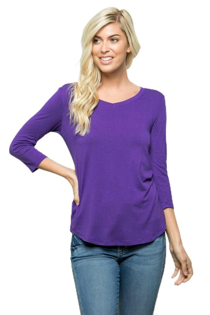 Celeste elegant three-quarter sleeve v-neck t-shirt in purple - plus size available