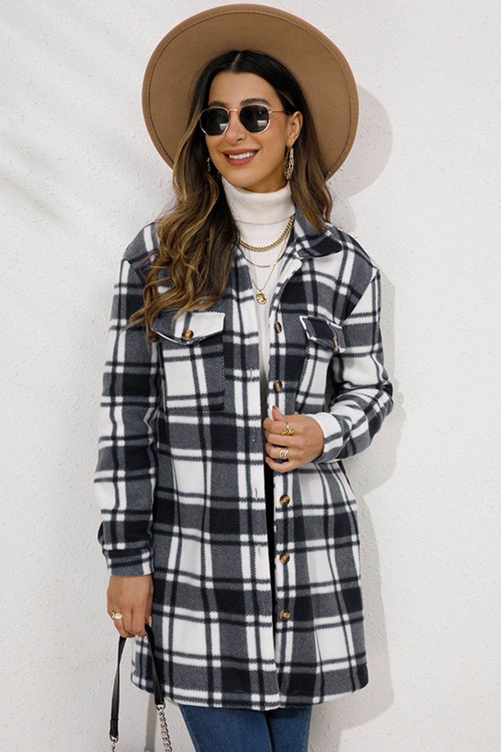 Shiny Plaid Collared Longline Coat Coco’s Tee Boutique