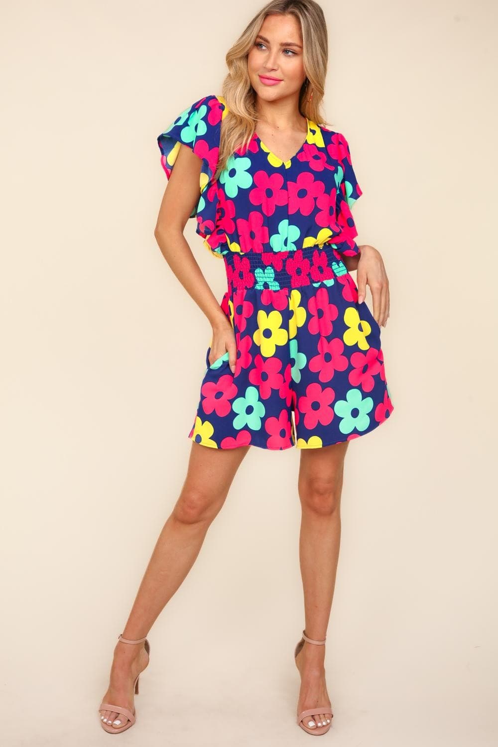 Haptics Floral Smocked Waist Romper with Side Pockets.