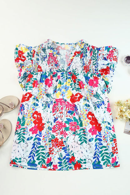 Plus Size Floral Smocked Flutter Sleeve Blouse.