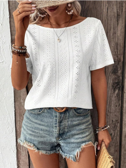 Lace Detail Eyelet Short Sleeve Blouse.