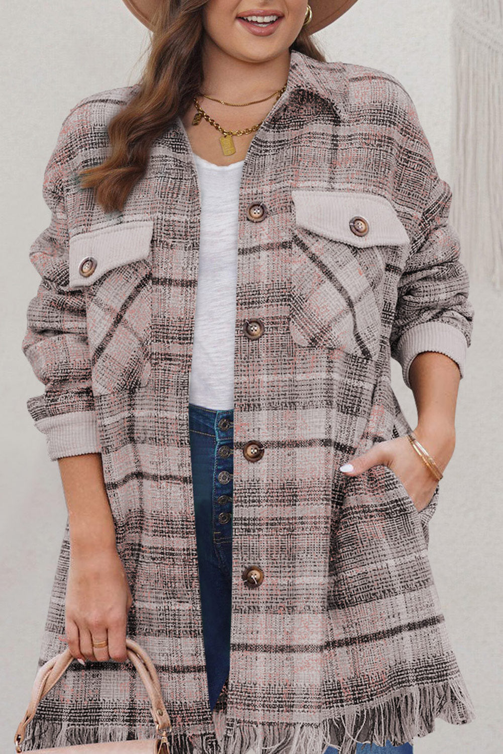 Chic pink macrame plaid coat in plus sizes