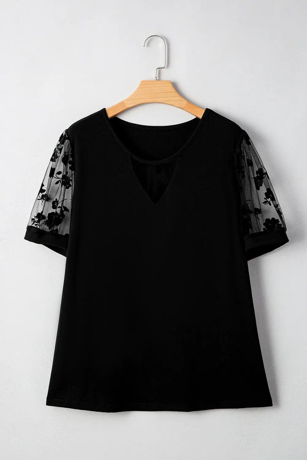 Black Floral Mesh Patchwork Loose V Neck Plus Size T Shirt Dear-Lover Dropshipping