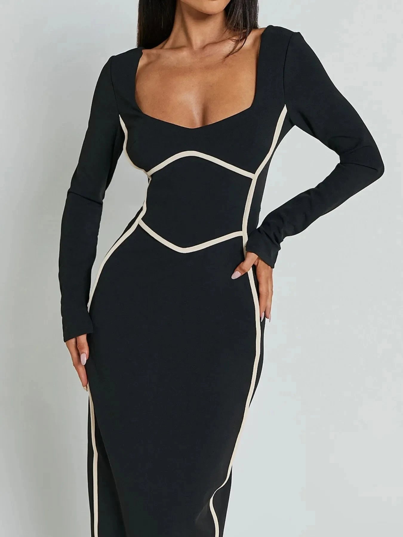 Contrast Trim Long Sleeve Bodycon Maxi Dress Coco’s Tee Boutique