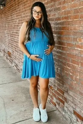 Blue Tiered Maternity Tank Dress With Tie Back Detail PinkBlush