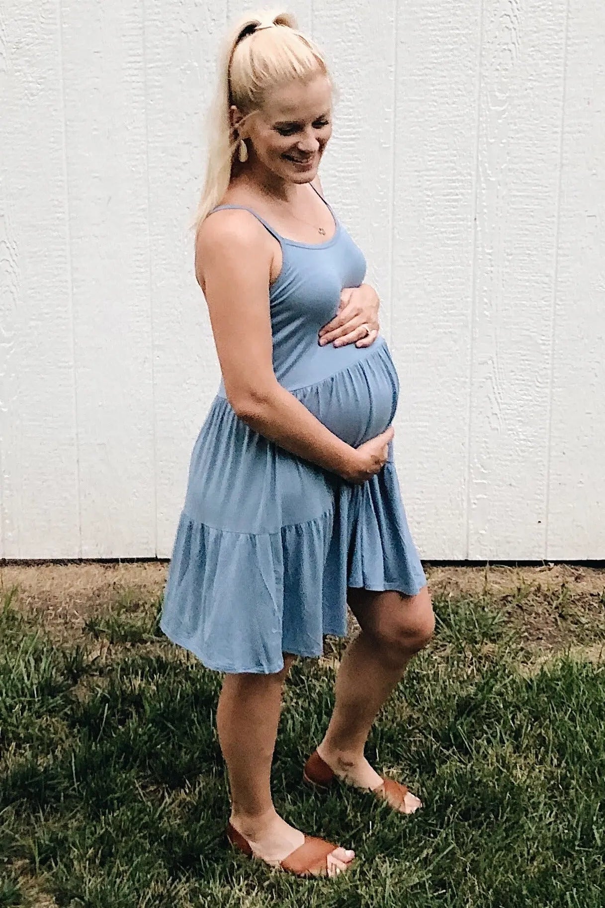 Blue Tiered Maternity Tank Dress With Tie Back Detail PinkBlush
