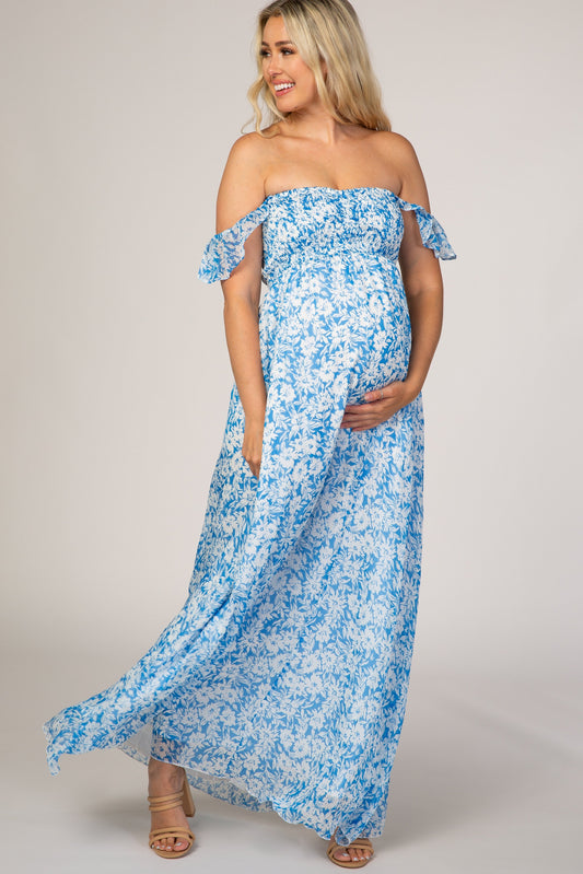 Blue Floral Off Shoulder Maternity Maxi Dress With Flutter Sleeves PinkBlush