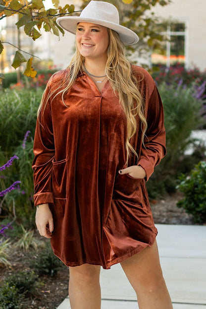 Coffee Velvet Plus Size Shift Dress with V Neck Collar and Pleated Back