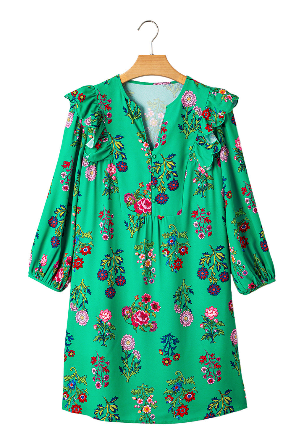 Premium Green Floral Ruffled Three Quarter Sleeve Buttoned Dress Dear-Lover Dropshipping