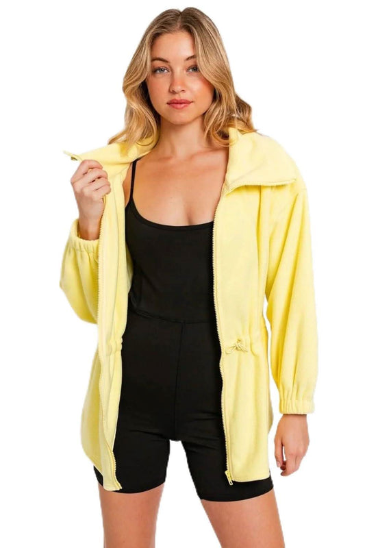 Cozy fleece zip-up jacket with adjustable waist drawstring