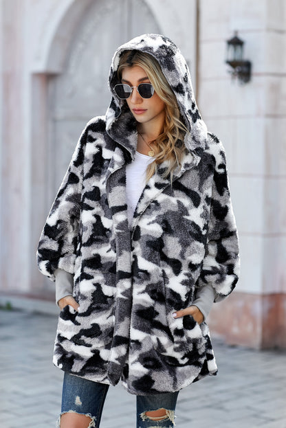 Cozy gray camo fleece hooded coat with open front and pockets