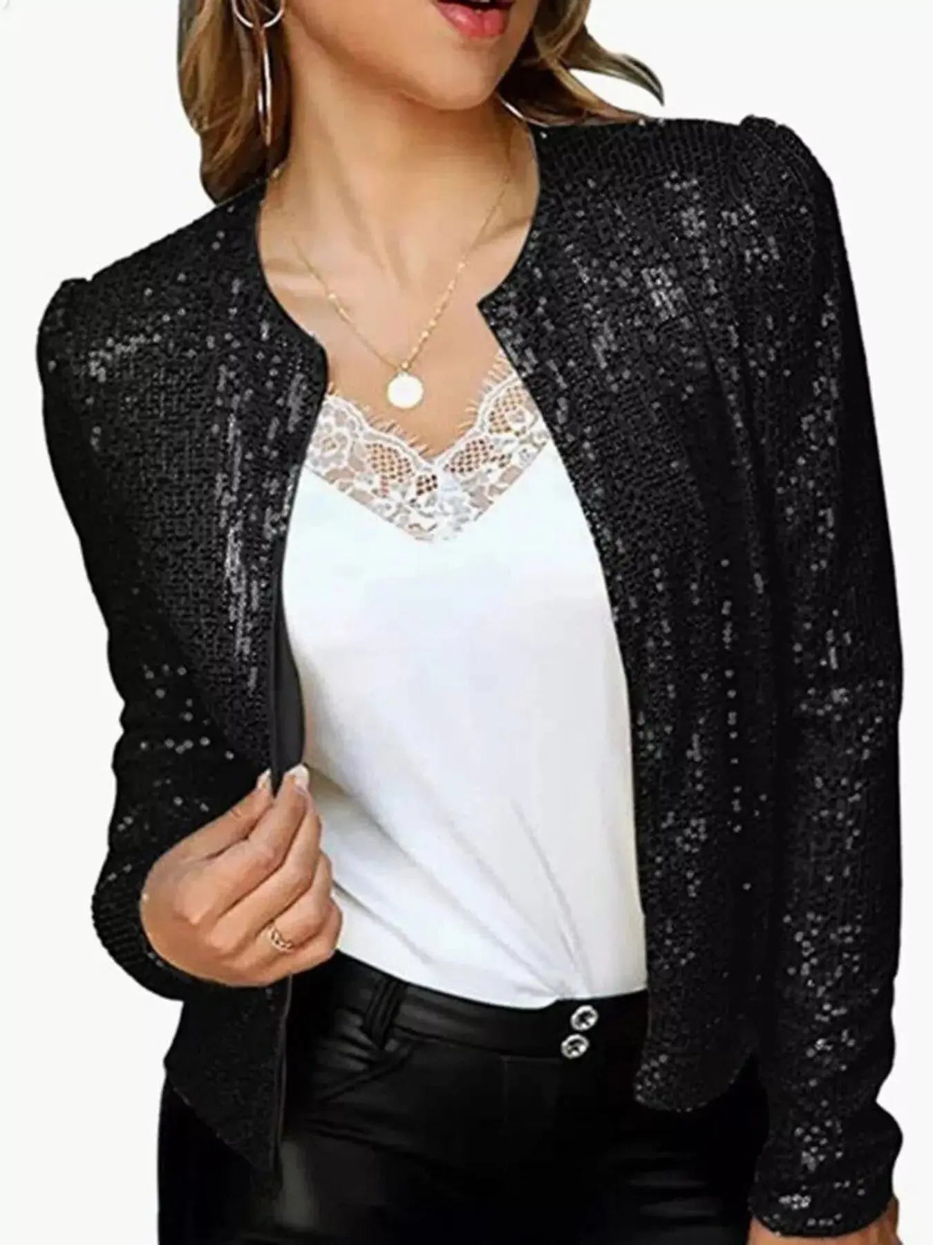 Full Size Sequin Long Sleeve Jacket Plus Size Simply Love