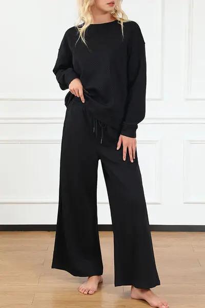 Double Take Full Size Textured Long Sleeve Top and Drawstring Pants Set - Love Salve