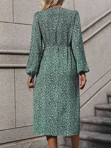 Printed Surplice Long Sleeve Midi Dress.