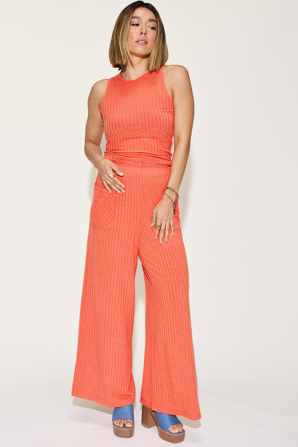 Basic Bae Full Size Ribbed Tank and Wide Leg Pants Set.