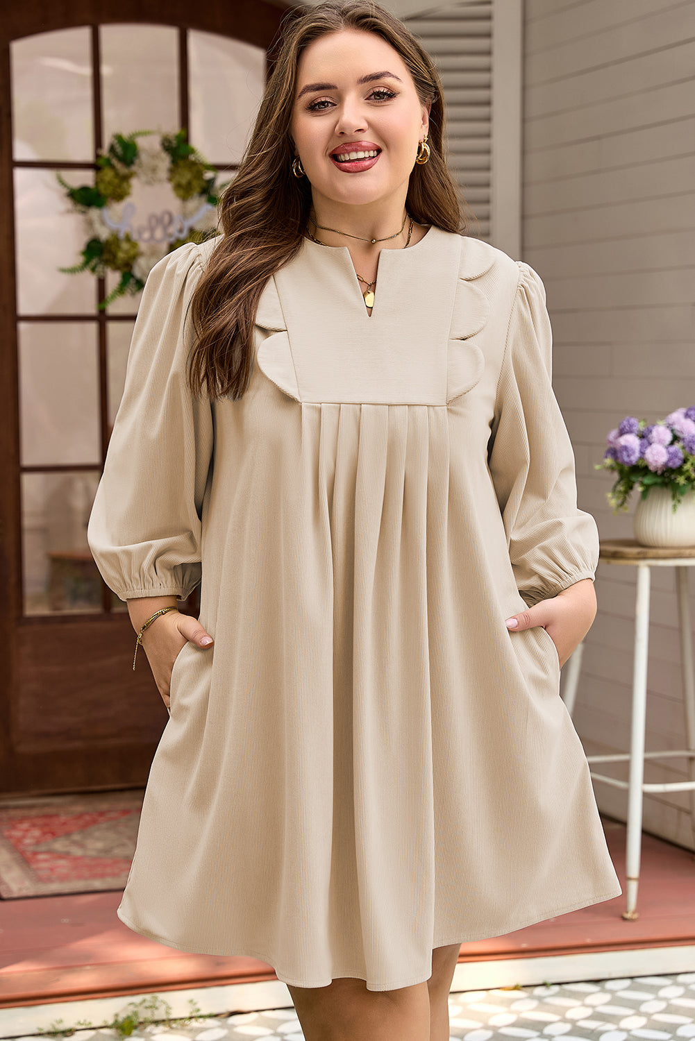 Parchment Notched Neck Scallop Detail Plus Size Mini Dress Dear-Lover Dropshipping